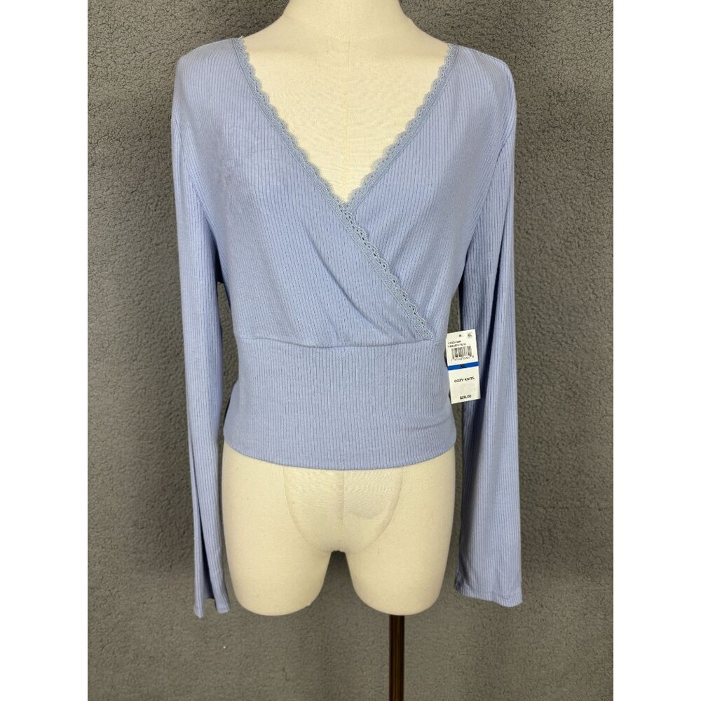 Sugar Moon Juniors' Cozy Ribbed Wrap Top Delicate Lace Trim Blue Extra Large NWT